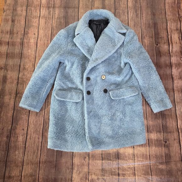 Zara Jackets & Blazers - Zara Teddy Coat Womens S Blue Double Breasted Mid Length Faux Pockets Faux Fur